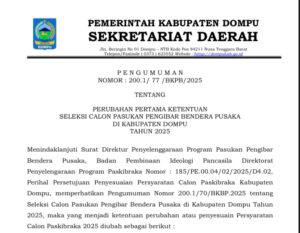 PENGUMUMAN NOMOR : 200.1/ 77 /BKPB/2025 TENTANG PERUBAHAN SELEKSI PASKIB TAHUN 2025 KABUPATEN DOMPU