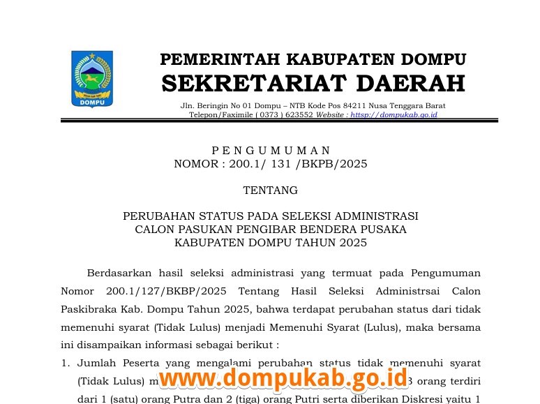 PENGUMUMAN NOMOR : 200.1/131/BKPB/2025 TENTANG PERUBAHAN STATUS PADA SELEKSI ADMINISTRASI CALON PASKIBRAKA KABUPATEN DOMPU TAHUN 2025