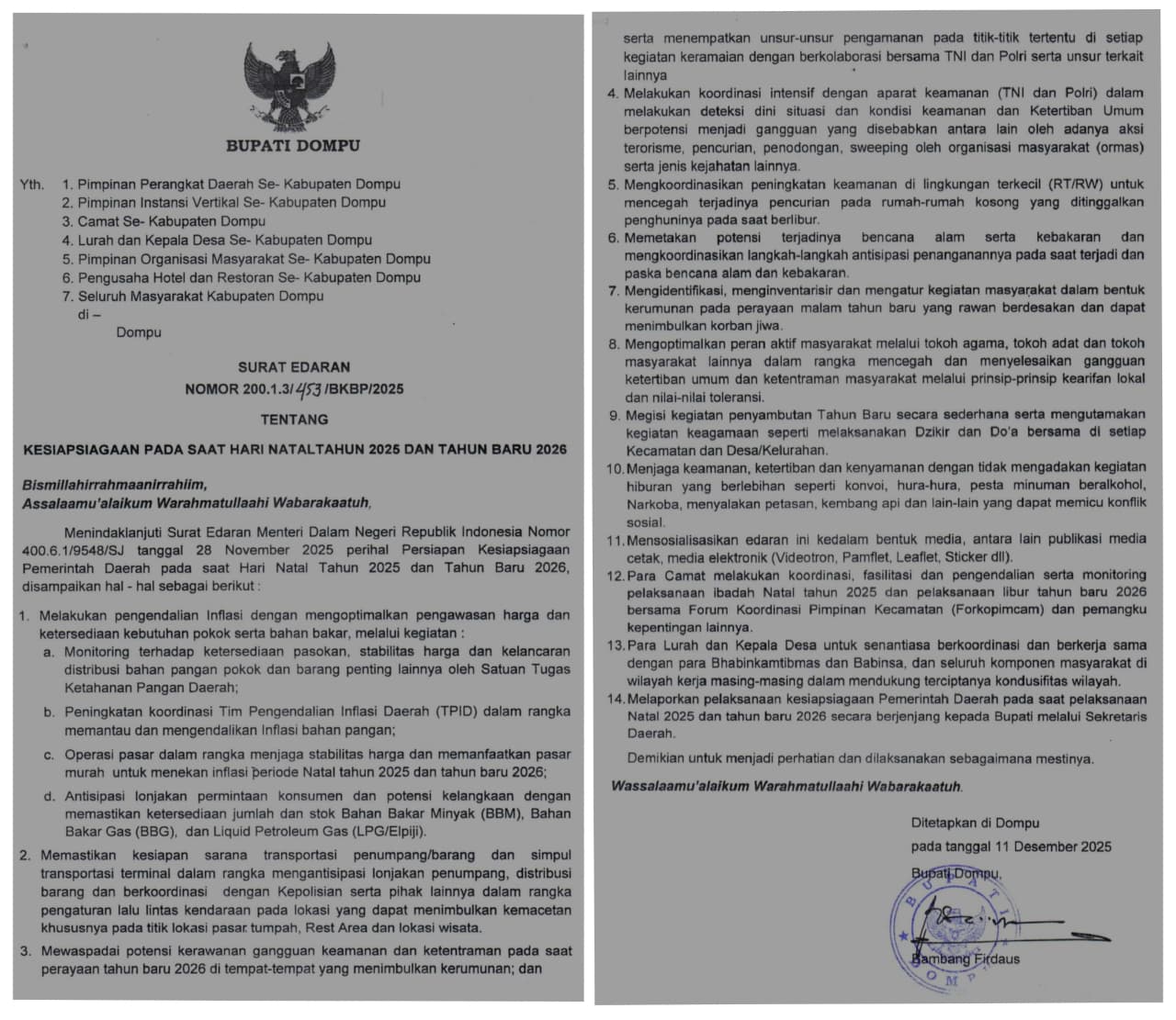 BUPATI DOMPU TERBITKAN SURAT EDARAN KESIAPSIAGAAN JELANG NATAL 2025 DAN TAHUN BARU 2026
