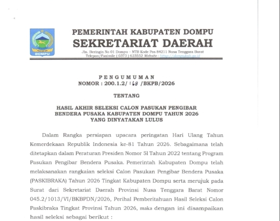 Pengumuman Hasil Akhir Seleksi Calon Paskibraka Kabupaten Dompu Tahun 2026