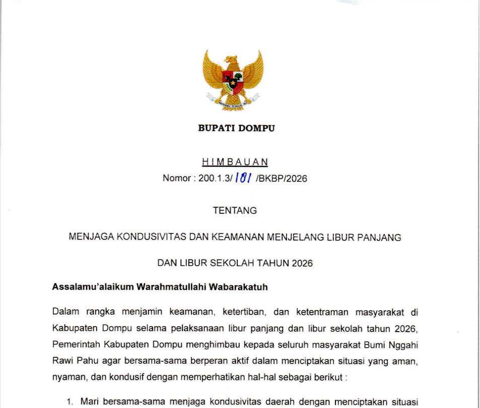 Bupati Dompu Imbau Masyarakat Jaga Kondusivitas dan Keamanan Selama Libur Panjang dan Libur Sekolah Tahun 2026