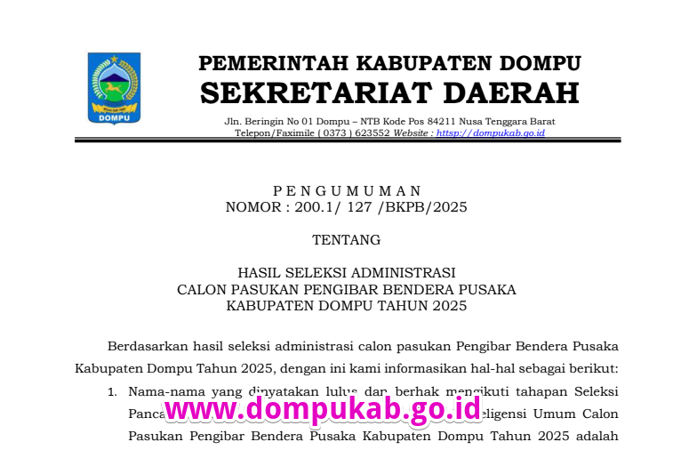 PENGUMUMAN NOMOR:200.1/127/BKPB/2025 TENTANG HASIL SELEKSI ADMINISTRASIPASKIB KABUPATEN DOMPU 2025